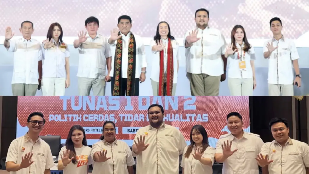 Mona Kloer (kedua ujung kiri) mendampingi Ketua DPD Gerindra Yulius Selvanus dan Ketum TIDAT di Musda III TIDAR Sulut. Foto lain, Jessica Wowor bersama Ketua TIDAR Sulut terpilih Standius Bara Prima