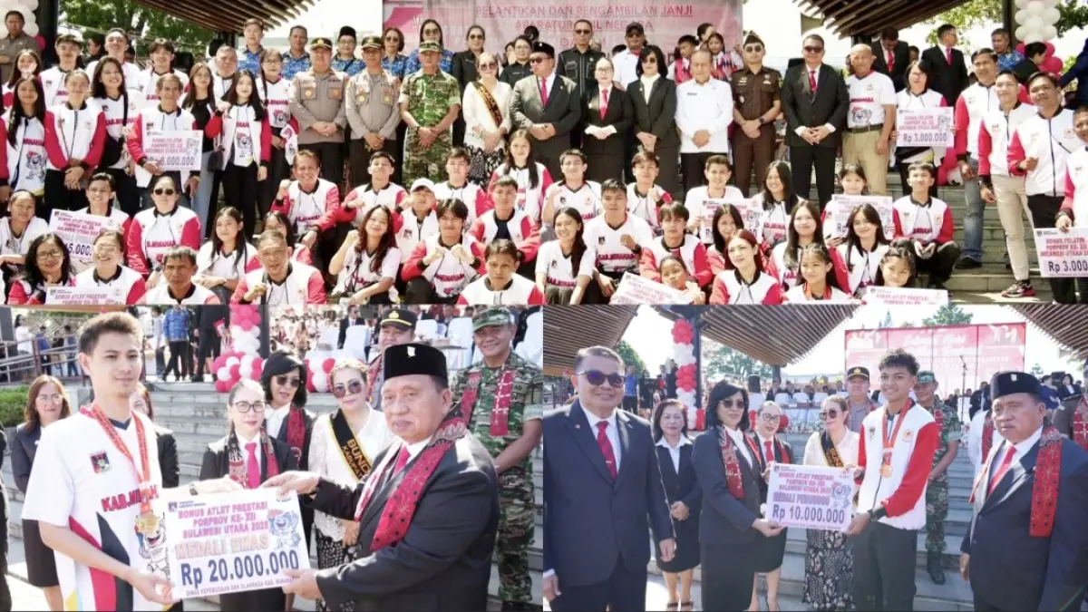 SERAHKAN: Penyerahan bonus kepada atlet berprestasi di Minahasa, Sabtu (2/5/2026) di Lapangan God Bless Tondano.