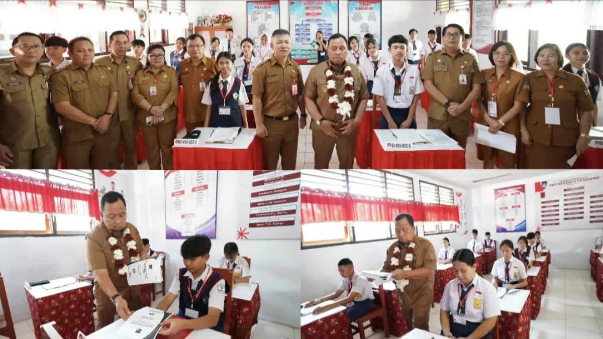 BAGIKAN: Bupati Robby Dondokambey membagikan soal USAJ kepada para siswa di SMP N 4 Tondano, Senin (4/5/2026).