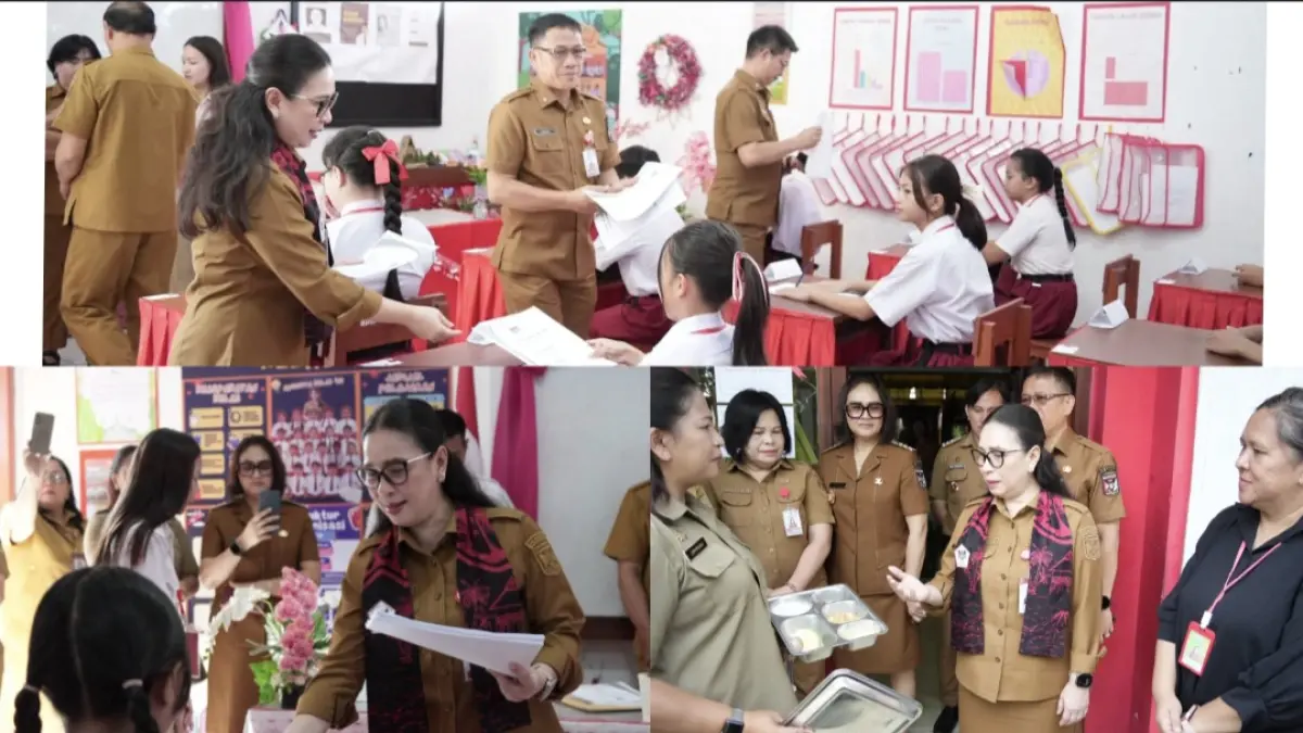 BAGIKAN: Wabup Vanda Sarundajang membagikan soal ujian kepada siswa, sekaligus mengecek program MBG, Senin (4/5/2026).