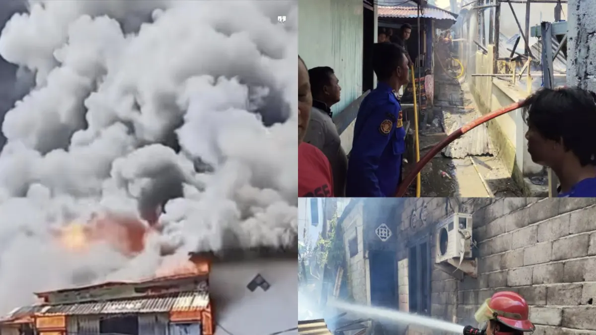 Penampakan kebakaran yang terjadi di Kelurahan Singkil dan Tuminting, Selasa (5/5). Terlihat petugas pemadam sedang melakukan penanganan