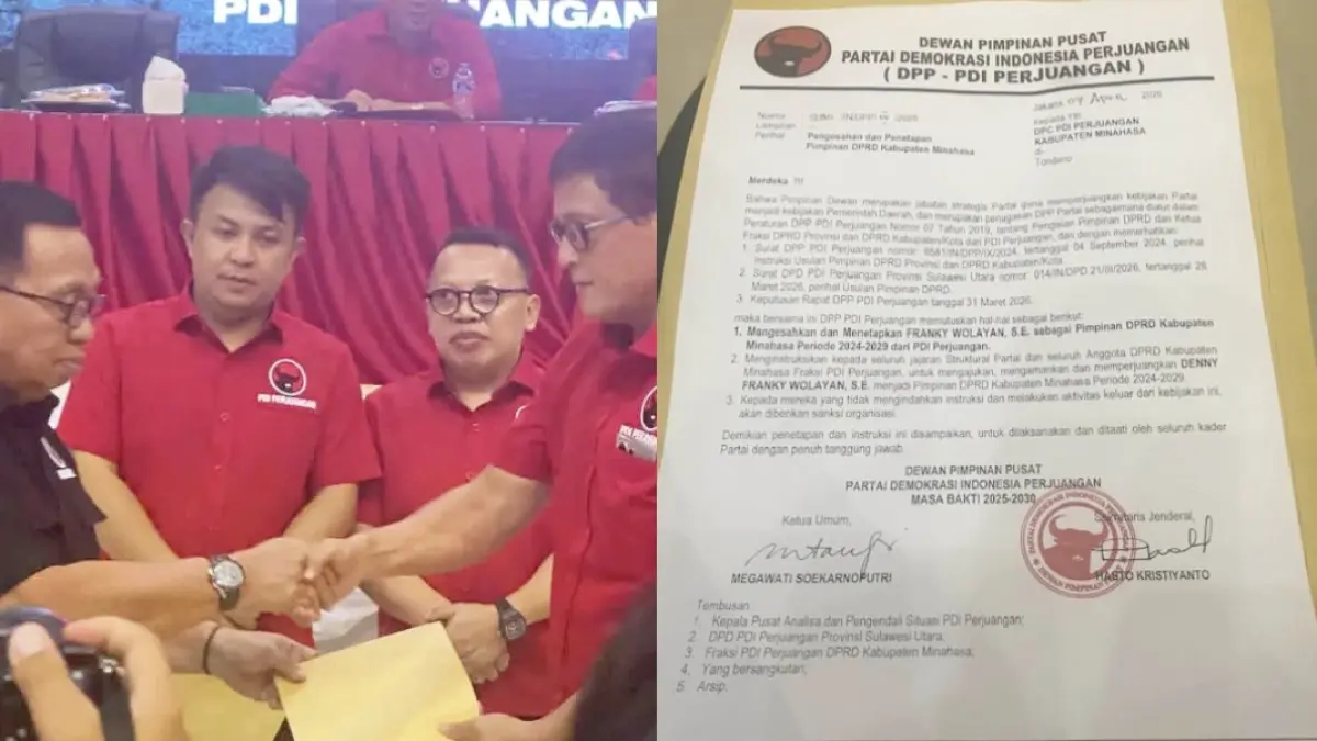 SERAHKAN: Ketua DPC PDI Perjuangan Minahasa Robby Dondokambey menyerahkan SK Ketua DPRD kepada Franky Wolayan, Rabu (13/5/2026).