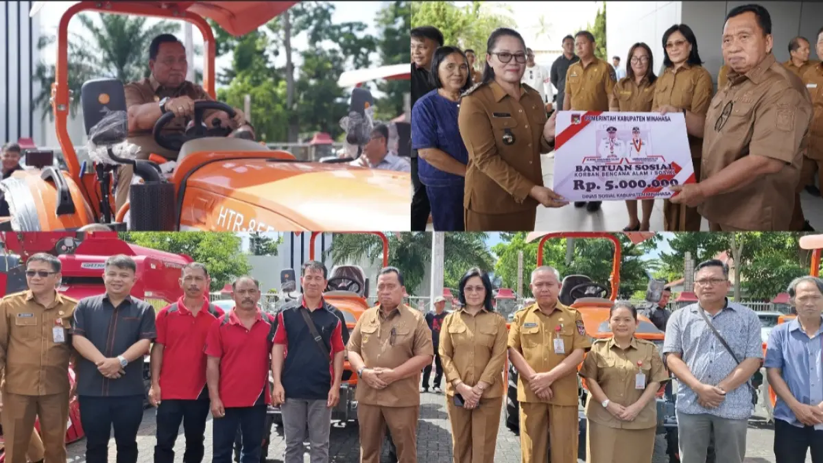 SERAHKAN: Bupati Robby Dondokambey saat menyerahkan bantuan sosial dan alsintan kepada penerima, Senin (18/5/2026).