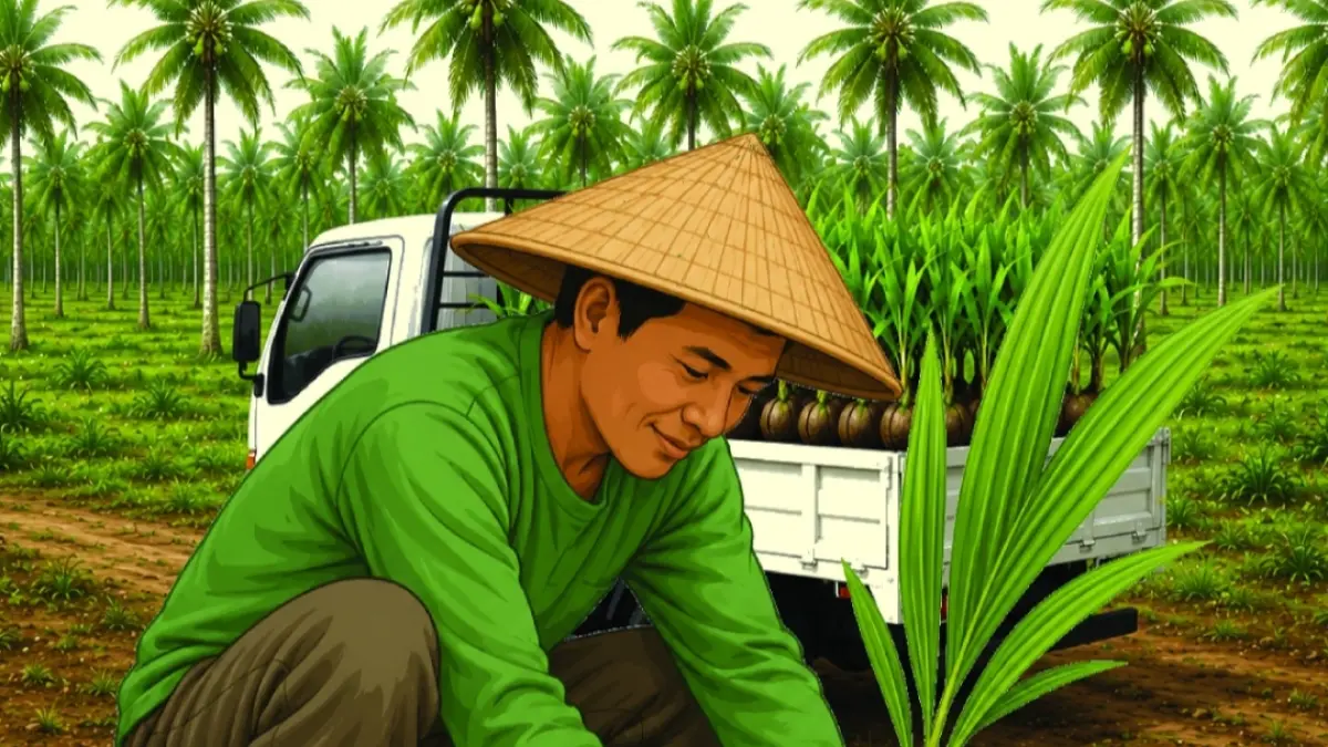 Ilistrasi Petani dan bibit kelapa.