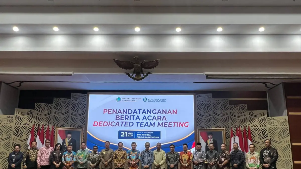 Wakil Gubernur Sulut Victor Mailangkay, Kepala BI Joko Supratikto dan jajaran lainnya di acara DTM 2026 yang digelar di Kantor Perwakilan BI Sulut, Kamis (21/5).