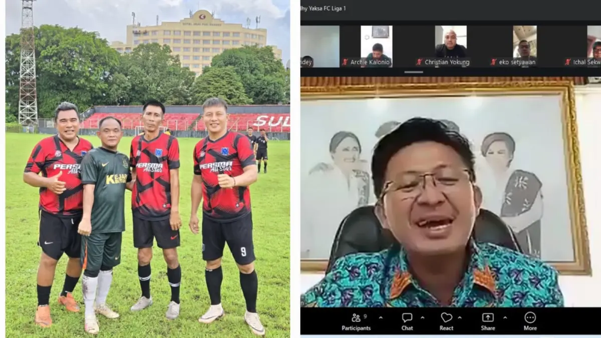 Manager Development Football Adhyaksa FC bersama Persma Legend di Stadion Klabat Manado. Foto lain, Kepala Dinas Provinsi Sulut Audy Pangemanan.(Dok Istimewa)