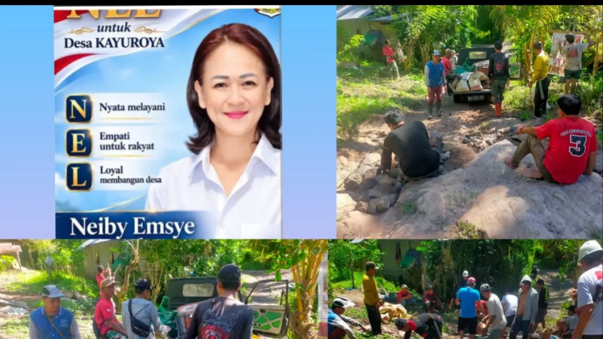 PEDULI: Calon Hukum Tua Desa Kayuroya Neiby Emsye Lomban bersama warga gotong royong memperbaiki jalan ke kompleks Perkebunan Tawi. Dok istimewa 