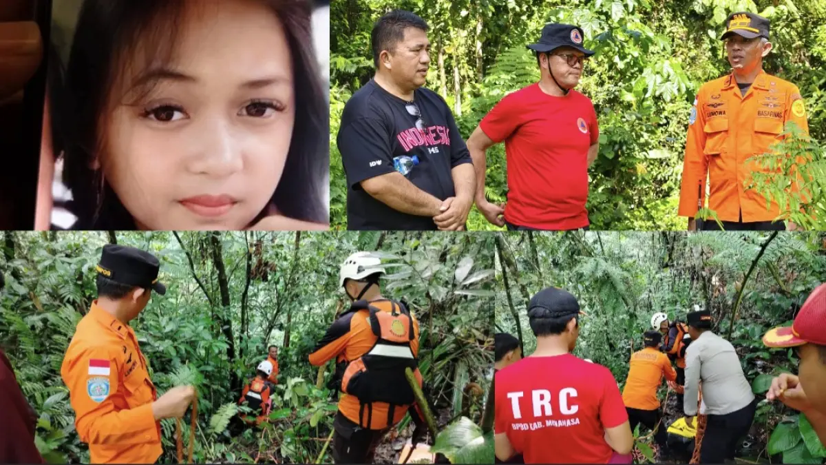 OPERASI PENCARIAN: Foto korban dan personel gabungan saat melakukan operasi pencarian di Air Terjun Paris Kayuuwi, Kawangkoan Barat, Minggu (24/5/2026).