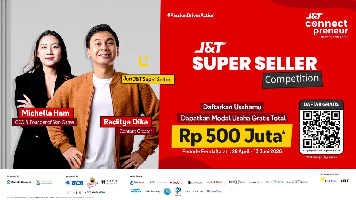 Kompetisi bisnis J&T Super Seller Competition membuka peluang bagi pebisnis muda untuk mendapatkan dukungan modal, mentoring, dan insight langsung dari para praktisi industri.