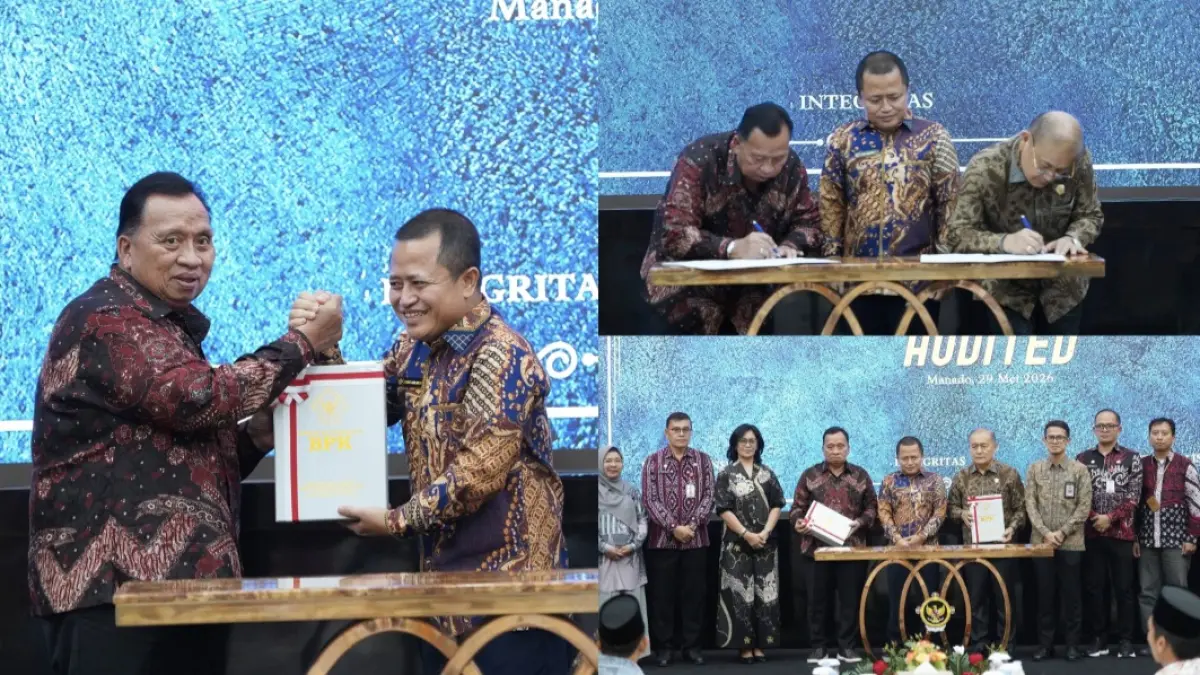 TERIMA HASIL: Bupati Robby Dondokambey menerima Opini WTP ke-12 Pemkab Minahasa, Jumat (29/5/2026).