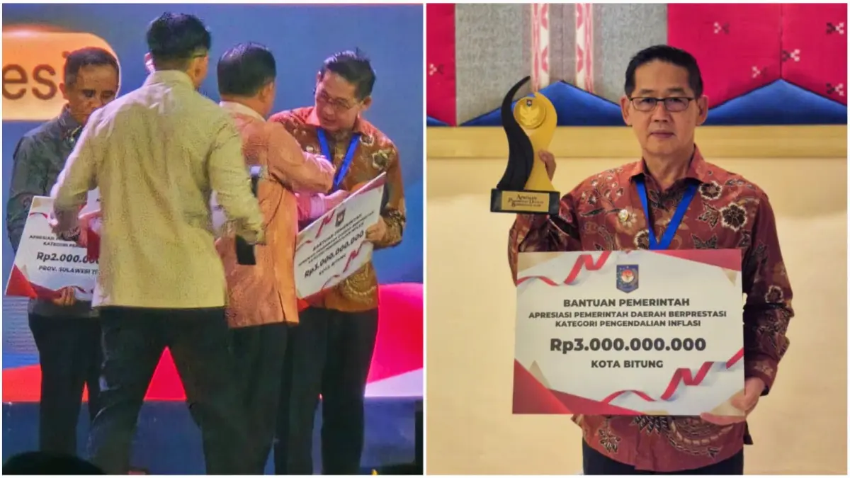 Wali Kota Bitung Hengky Honandar menerima penghargaan yang diserahkan langsung oleh Menteri Dalam Negeri Tito Karnavian.(Dok Istimewa)