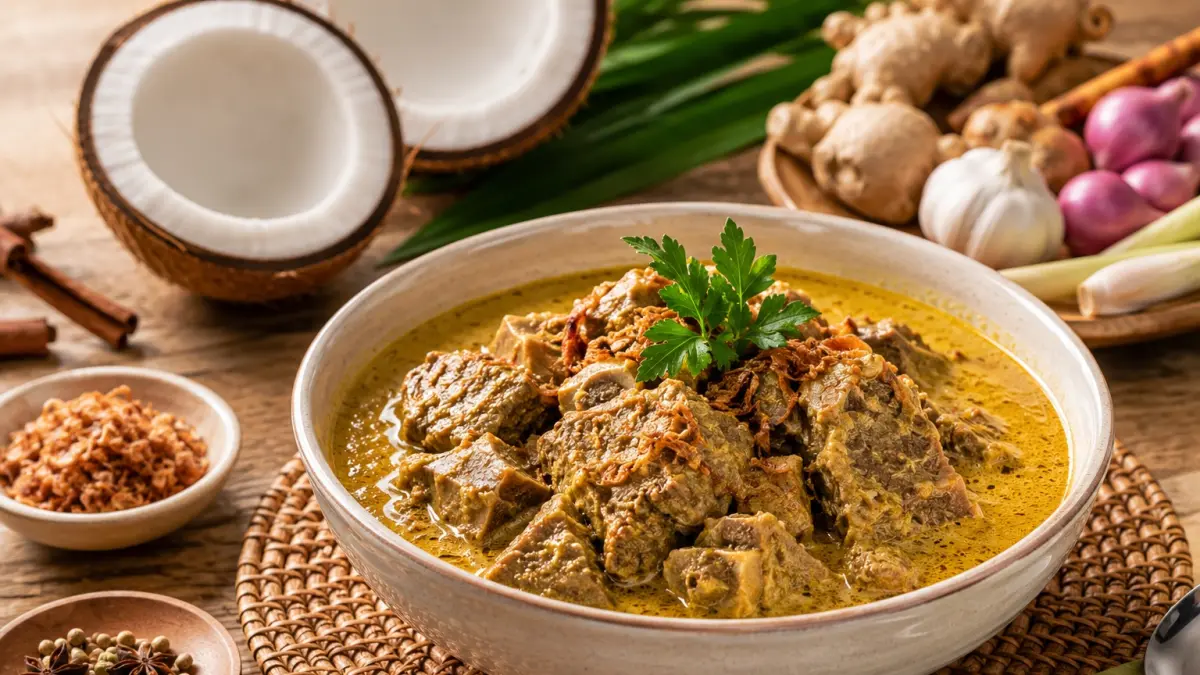 Hidangan gulai kambing dengan kuah santan yang kental dan kaya rempah (Foto Ilustrasi)