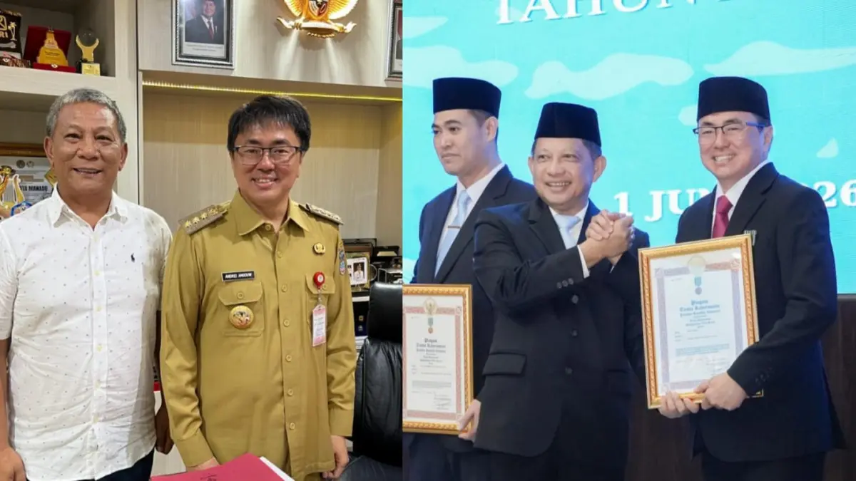 Penyerahan Tanda Kehormatan Satyalencana Wira Karya oleh Menteri Dalam Negeri Mohamad Tito Karnavian kepada Wali Kota Manado Andrei Angouw di Jakarta.