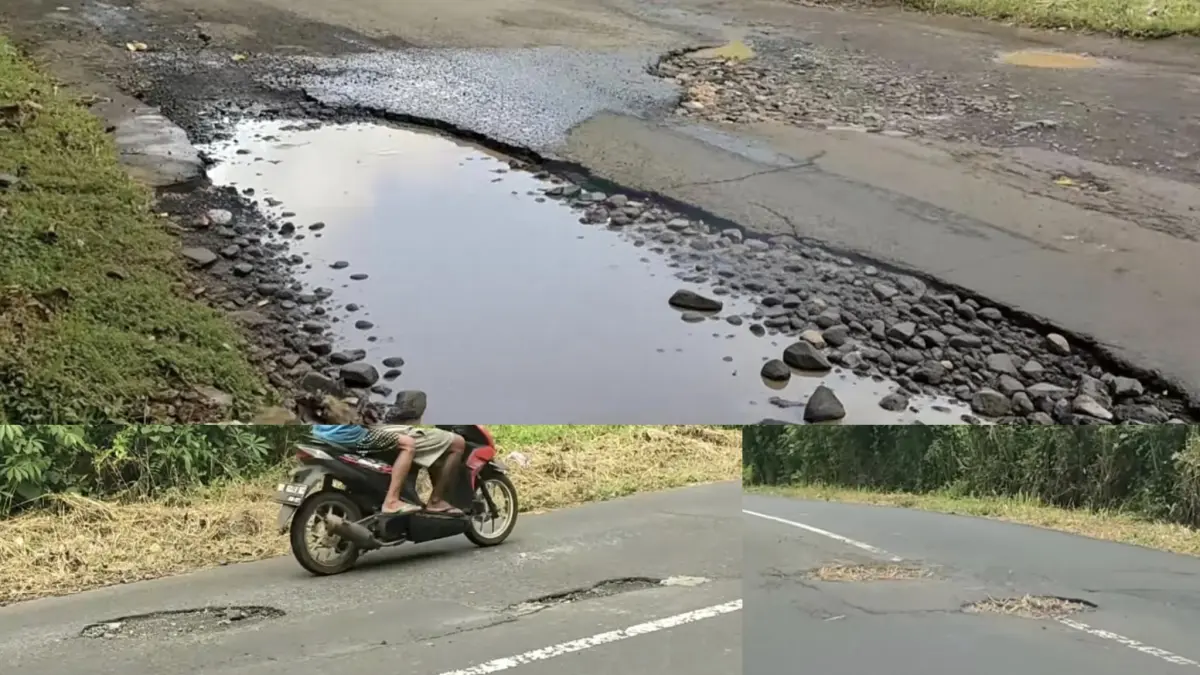MEMPRIHATINKAN: Pemandangan jalan rusak dan berlubang di Jalan Lingkar Luar Ring Road Pangiang, Kota Manado. Foto istimewa