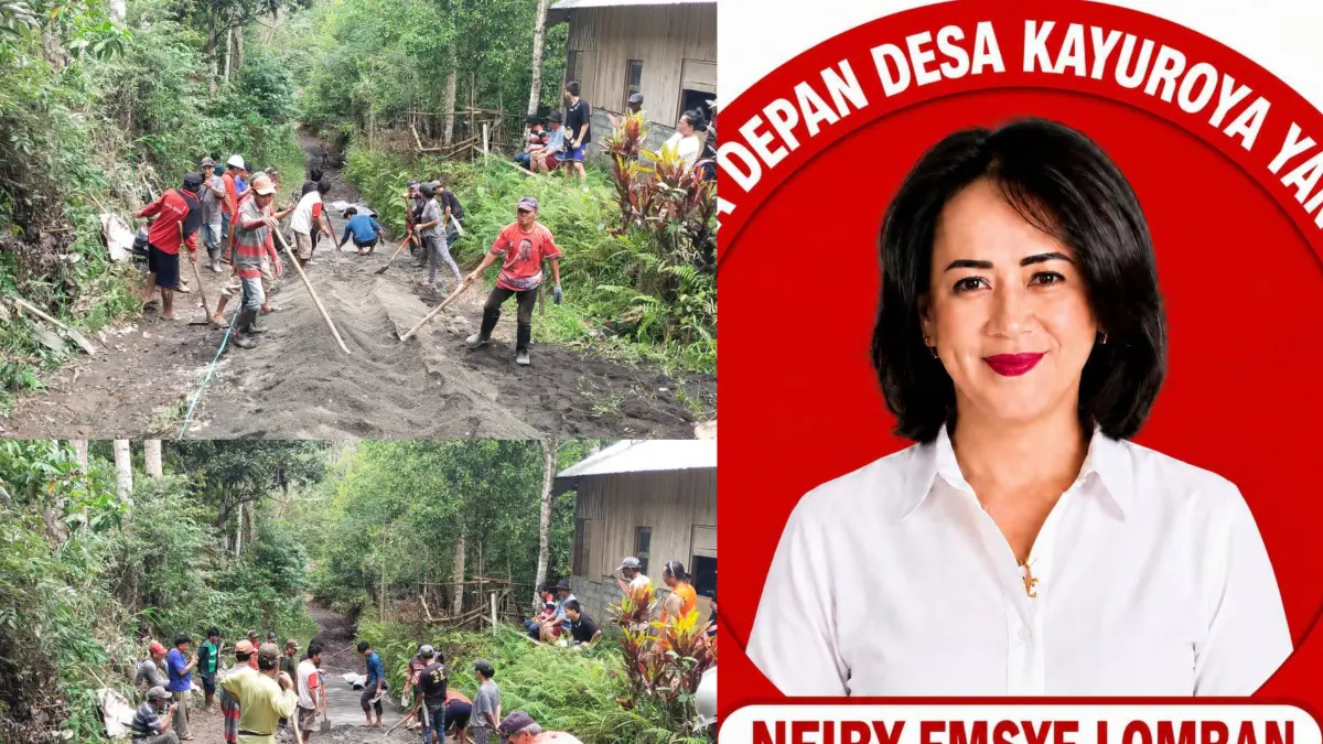 Suasana perbaikan jalan menuju perkebunan Tawi dan Papusungan di Desa Kayuroya, diinisiasi oleh Calon Hukum Tua Neiby Lomban bersama relawan pendukung. Dok istimewa 