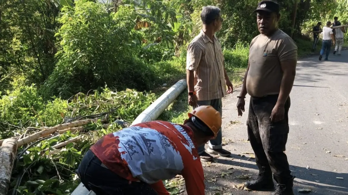 Evakuasi-Kepala BPBD Minahasa Utara Theodore Lumingkewas bersama instansi terkait saat melakukan evakuasi tiang listrik yang roboh di Desa Tanggari

