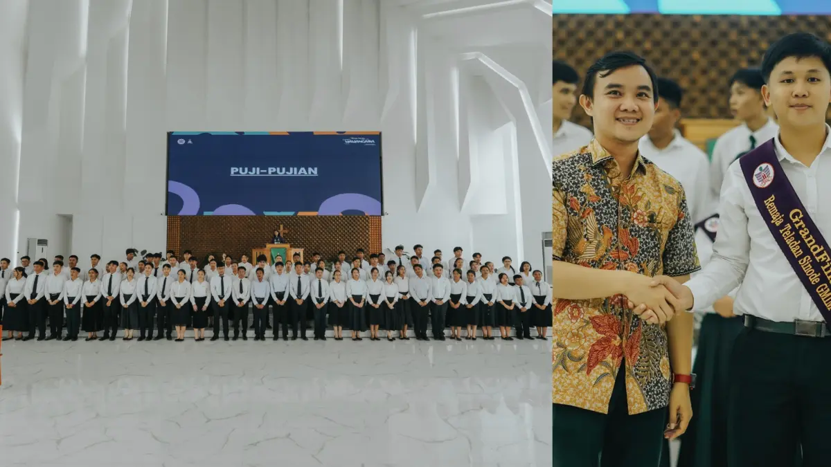 Para peserta Remaja Teladan Sinode GMIM 2026 di sela-sela tes wawancara. Foto lain: Ketua Harian Panitia menyematkan selempang pada salah satu Grand Finalis. 
