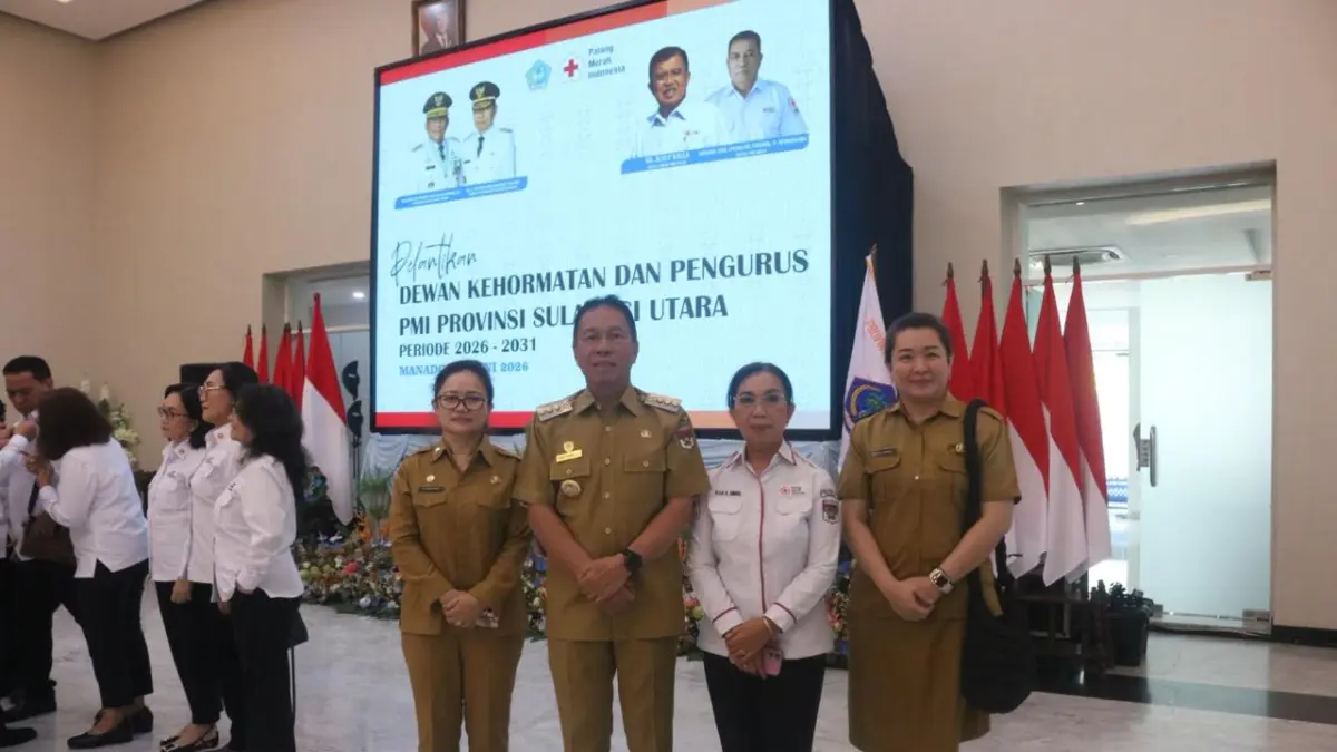RESMI: Bupati Minahasa Selatan Franky Donny Wongkar, menghadiri prosesi Pelantikan Dewan Kehormatan dan Pengurus Palang Merah Indonesia (PMI) Provinsi Sulawesi Utara Periode 2026–2031 yang diselenggarakan di Wisma Negara Bumi Beringin, Kota Manado, Senin (15/6).