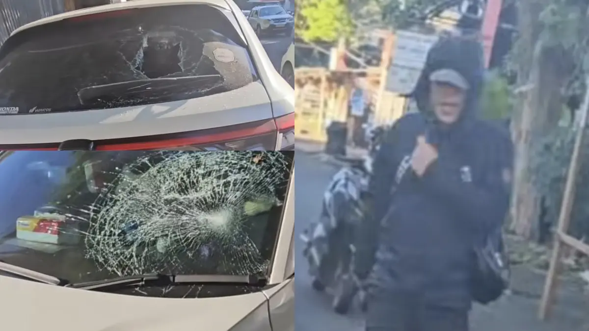 PARAH: Kendaraan milik seorang ASN Pemkot Manado yang jadi korban pria diduga mabuk, Kamis (18/6) di Jalan 17 Agustus. Foto lain: Pelaku (baju hitam) yang diduga mabuk sedang dilerai rekannya