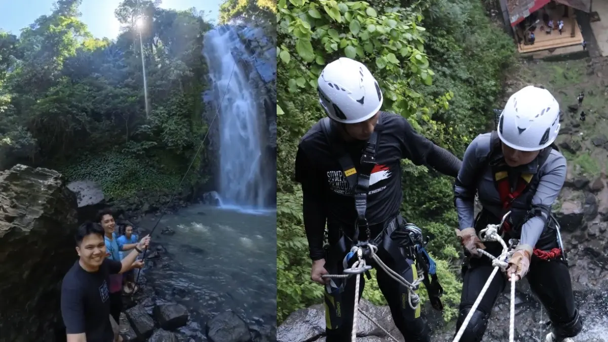 Serunya abseiling di kawasan Air Terjun Tunan, Desa Wisata Talawaan, Kabupaten Minahasa Utara.