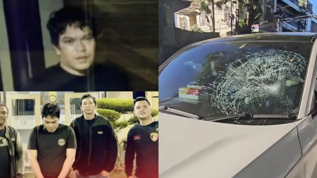 Tim URC Polresta Manado menangkap pelaku perusakan kendaraan milik seorang ASN. Foto lain. Nampak depan barang bukti kaca mobil yang dihancurkan dengan batu