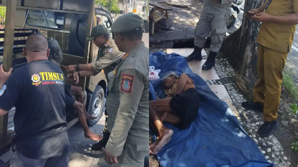 KEMANUSIAAN: Personel Sat Pol PP Manado saat membantu seorang perempuan lansia yang tidor di trotoar depan Cella Bakery, Tikala dan dibawa pulang ke keluarga, Selasa (23/6)