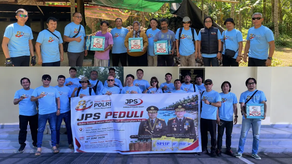Jurnalis Polda Sulawesi Utara menggelar aksi sosial dengan menyalurkan bantuan paket sembako kepada warga yang membutuhkan di wilayah pesisir Tanawangko, Kabupaten Minahasa, Sabtu (27/6/2026).