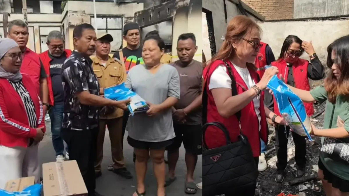 PEDULI: Dua Anggota DPRD Manado Fraksi PDI Perjuangan bersama beberapa pengurus DPC saat menyerahkan bantuan untuk korban kebakaran di dua lokasi