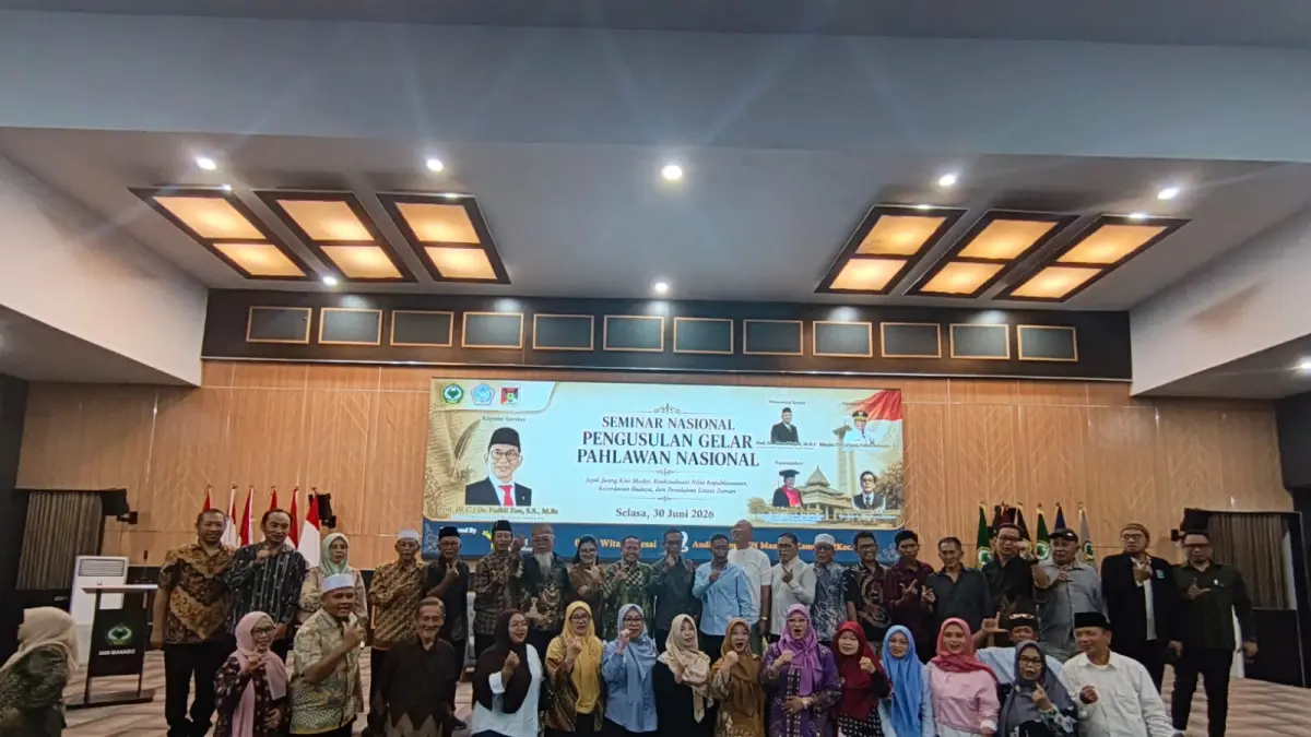 BANJIR DUKUNGAN: Institut Agama Islam Negeri (IAIN) Manado menghimpun dukungan lintas sektor dalam upaya pengusulan Kiai Modjo sebagai Pahlawan Nasional Republik Indonesia melalui Seminar Nasional Pengusulan Gelar Pahlawan Nasional Kiai Modjo bertajuk "Jejak Juang Kiai Modjo: Reaktualisasi Nilai Kepahlawanan, Kecerdasan Budaya, dan Peradaban Lintas Zaman" yang diselenggarakan di Auditorium Kampus II IAIN Manado, Kecamatan Wori, Minahasa Utara, Selasa (30/06/26).