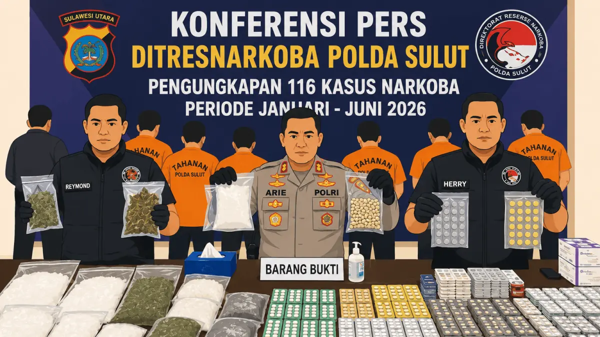 Ilustrasi barang bukti hasil pengungkapan 116 kasus narkoba oleh Ditresnarkoba Polda Sulut bersama jajaran Satresnarkoba selama Januari–Juni 2026 dipamerkan dalam konferensi pers.

