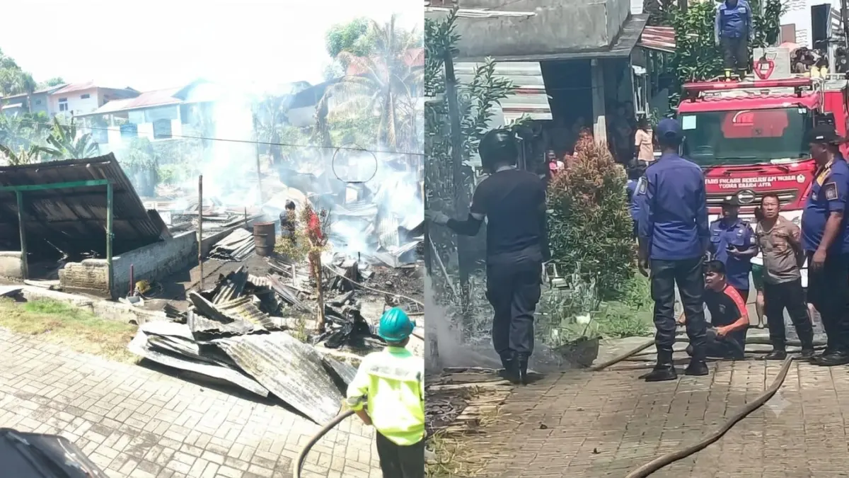 Peristiwa kebakaran yang menghanguskan dua rumah di Kelurahan Wangurer Utara.(Dok Istimewa/Gemini Ai)