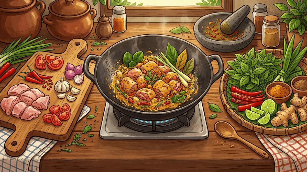 Ilustrasi bahan-bahan masakan Ayam Woku khas Sulawesi Utara. Foto hanya digunakan sebagai ilustrasi dan tidak merepresentasikan resep secara persis.