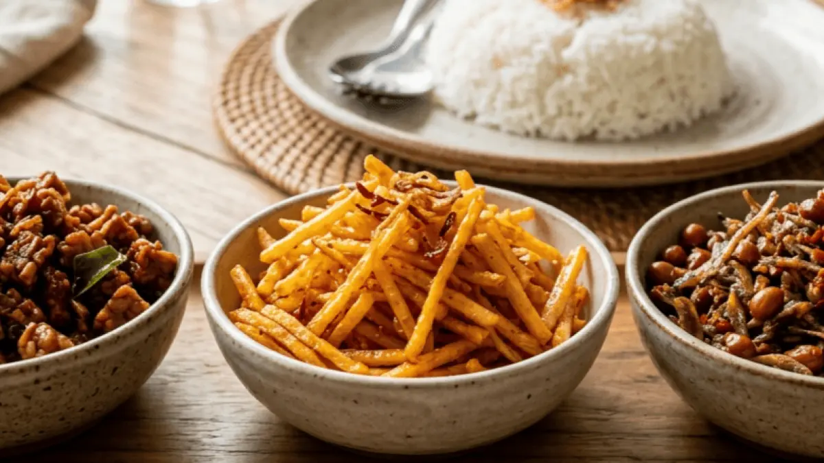 Ilustrasi makanan kering (kering tempe, kentang mustofa, teri kacang).