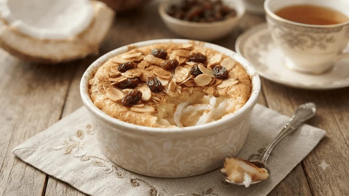 Klappertart khas Manado dengan tekstur lembut, perpaduan kelapa muda, susu, dan taburan kismis serta kacang yang menghasilkan cita rasa manis dan gurih.
