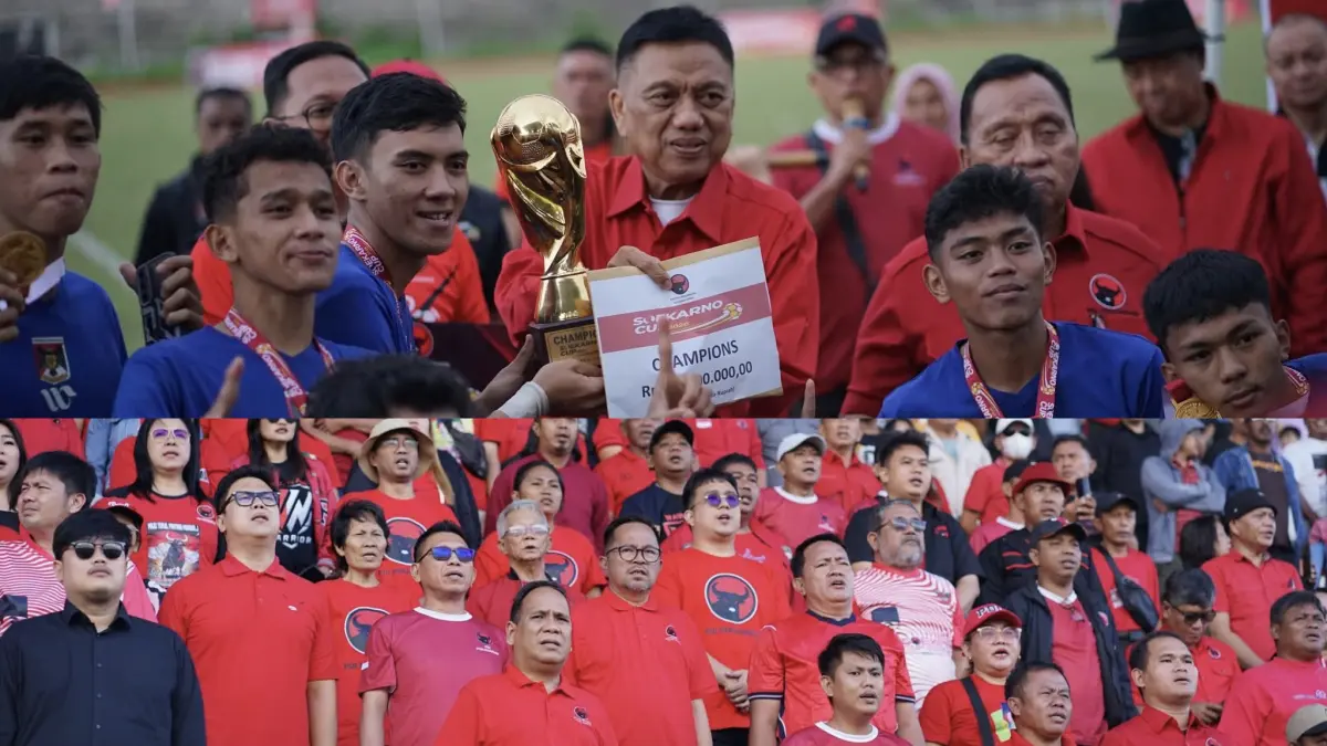 PEMBINAAN: Bendahara Umum DPP saat menyerahkan tropi kepada Persmin Jr sebagai tim juara. Foto lain: Pengurus DPC dan Kader PDI Perjuangan Manado saat menyaksikan laga final Soekarno Cup di Stadion Maesa Tondano, Senin (6/7).