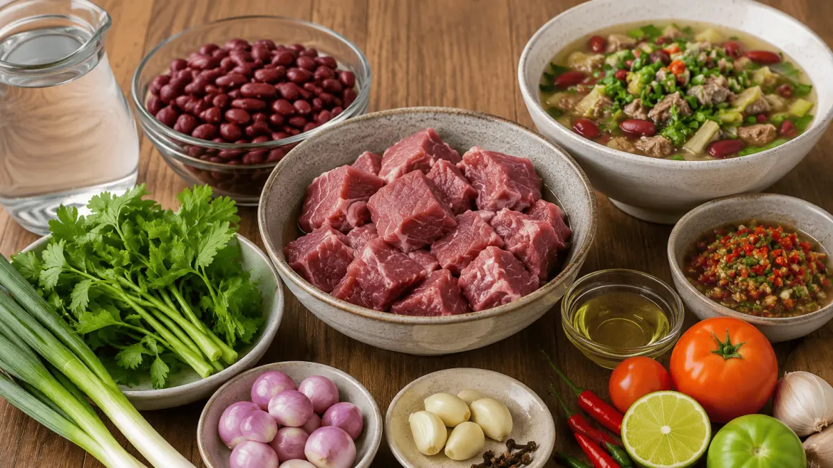 Ilustrasi bahan-bahan utama untuk membuat Sup Brenebon Sapi khas Manado, terdiri dari daging sapi, kacang merah, rempah-rempah, serta sayuran segar. Gambar ini hanya sebagai ilustrasi dan tidak merepresentasikan resep secara persis.
