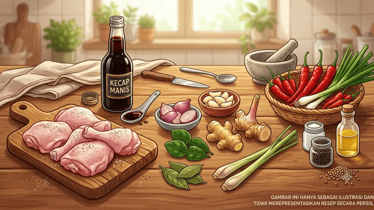 Ilustrasi bahan-bahan utama untuk membuat ayam kecap, terdiri dari ayam segar, kecap manis, rempah-rempah, bawang, serai, dan aneka bumbu dapur. Gambar ini hanya sebagai ilustrasi dan tidak merepresentasikan resep secara persis.
