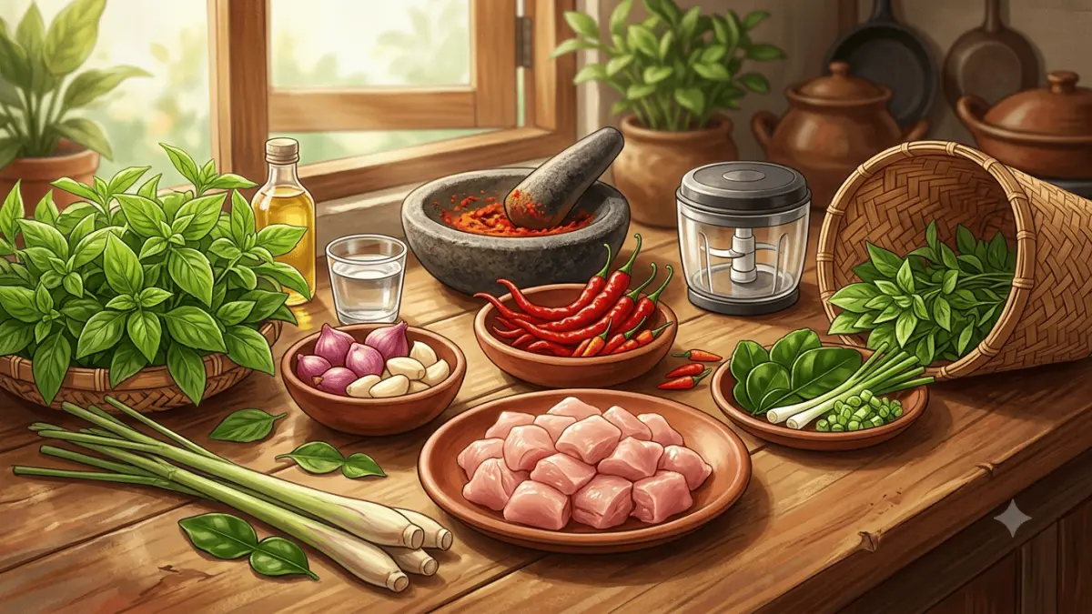 Ilustrasi bahan-bahan utama untuk membuat Ayam Rica Kemangi, terdiri dari ayam fillet, cabai, bawang, daun kemangi, serai, dan rempah pilihan. Gambar ini hanya sebagai ilustrasi dan tidak merepresentasikan resep secara persis.