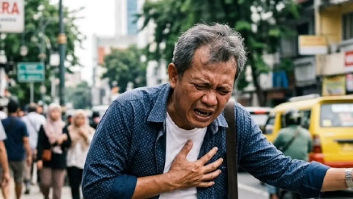 Ilustrasi seorang pejalan kaki yang tiba-tiba menahan sakit pada bagian dada, salah satu indikasi awal masalah kardiovaskular di tempat umum.