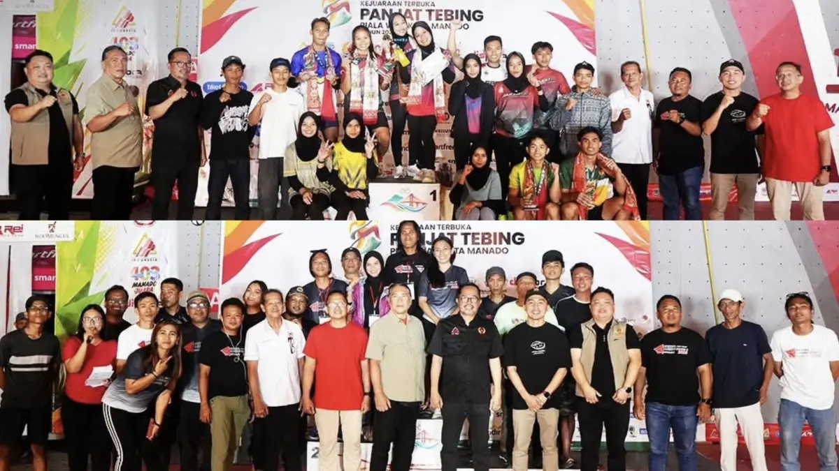 TERBAIK: Para Juara dan pelaksana  National Series 2 Kejuaraan Terbuka Panjat Tebing Piala Wali Kota Manado 2026, Sabtu (11/7) di Taman Berkat.