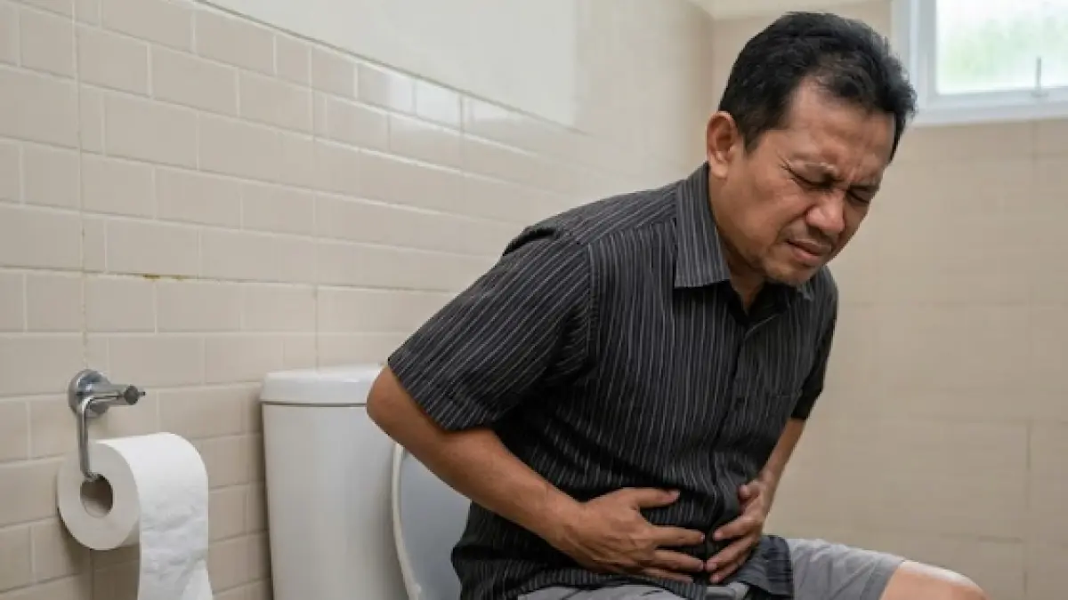 Ilustrasi seseorang sedang mengalami diare di dalam toilet.