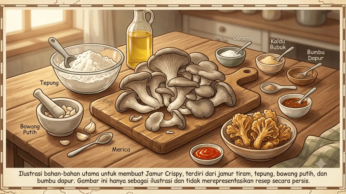 Ilustrasi bahan-bahan utama untuk membuat Jamur Crispy, terdiri dari jamur tiram, tepung, bawang putih, dan bumbu dapur. Gambar ini hanya sebagai ilustrasi dan tidak merepresentasikan resep secara persis.
