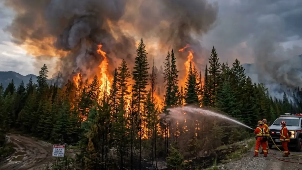 Ilustrsi upaya tim pemadam kebakaran dalam menjinakkan kobaran api di hutan, yang dampaknya kini mengancam kualitas udara dan kesehatan masyarakat di wilayah Calgary, Kanada.