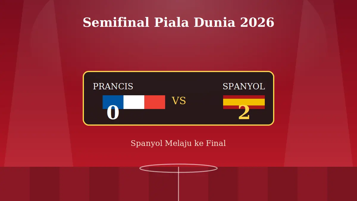 Ilustrasi hasil semifinal Piala Dunia 2026: Spanyol menang 2-0 atas Prancis dan melaju ke final.