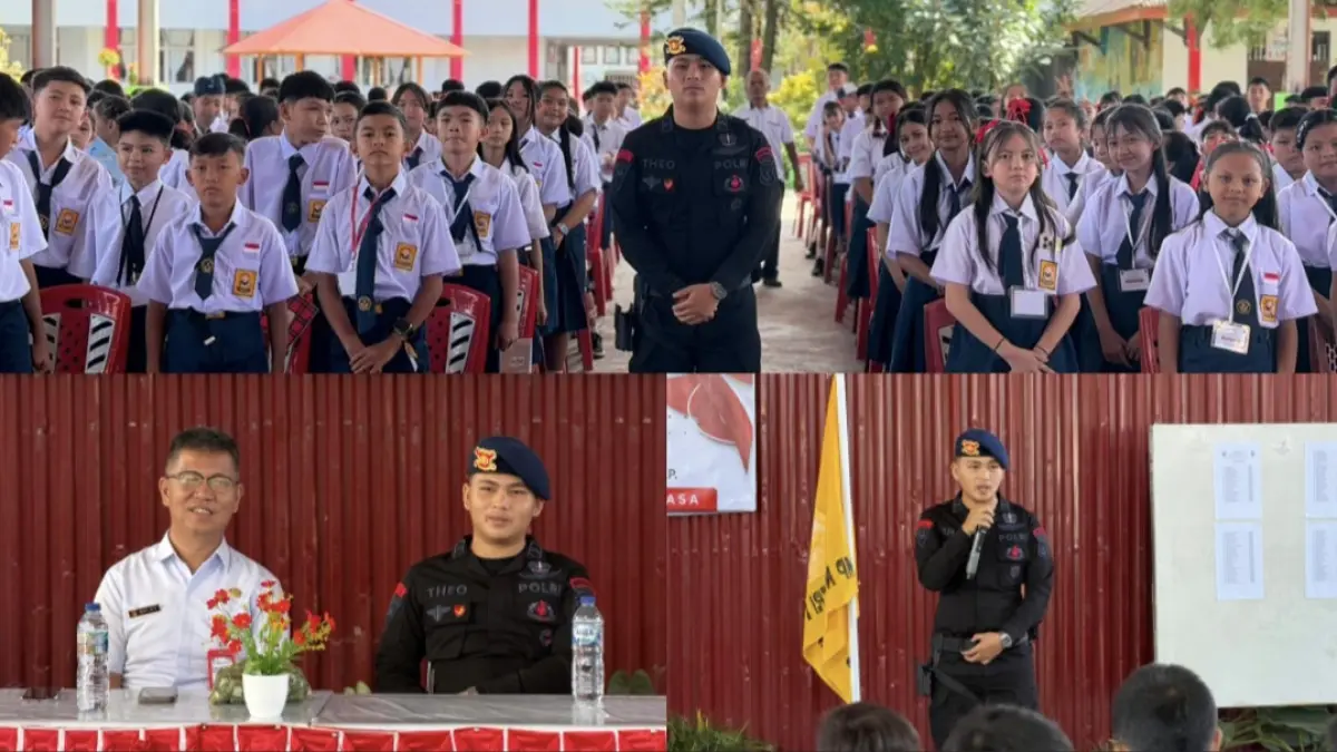 TANAMKAN: Bripda Theo Palilingan memberikan materi kedisiplinan kepada siswa-siswi baru di SMP N 1 Tondano, Rabu (15/7/2026).