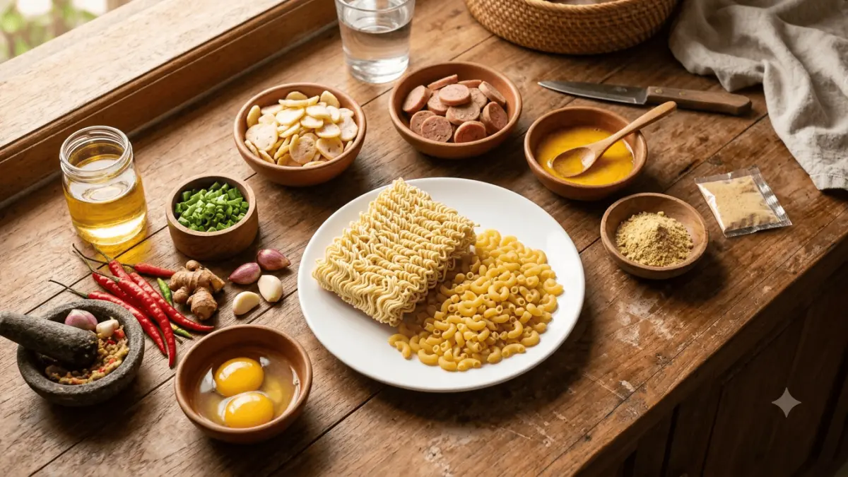 Ilustrasi bahan-bahan utama untuk membuat Mi Instan Seblak Macaroni, terdiri dari mi instan, makaroni, kerupuk, telur, sosis, cabai, dan kencur. Gambar ini hanya sebagai ilustrasi dan tidak merepresentasikan resep secara persis.