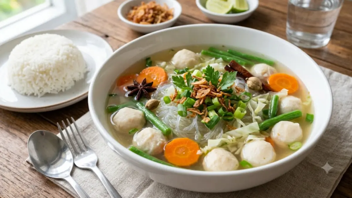Ilustrasi bahan-bahan utama untuk membuat Sayur Sop Soun Bakso Ikan, terdiri dari bakso ikan, soun, wortel, kol, buncis, daun bawang, dan bumbu rempah. Gambar ini hanya sebagai ilustrasi dan tidak merepresentasikan resep secara persis.