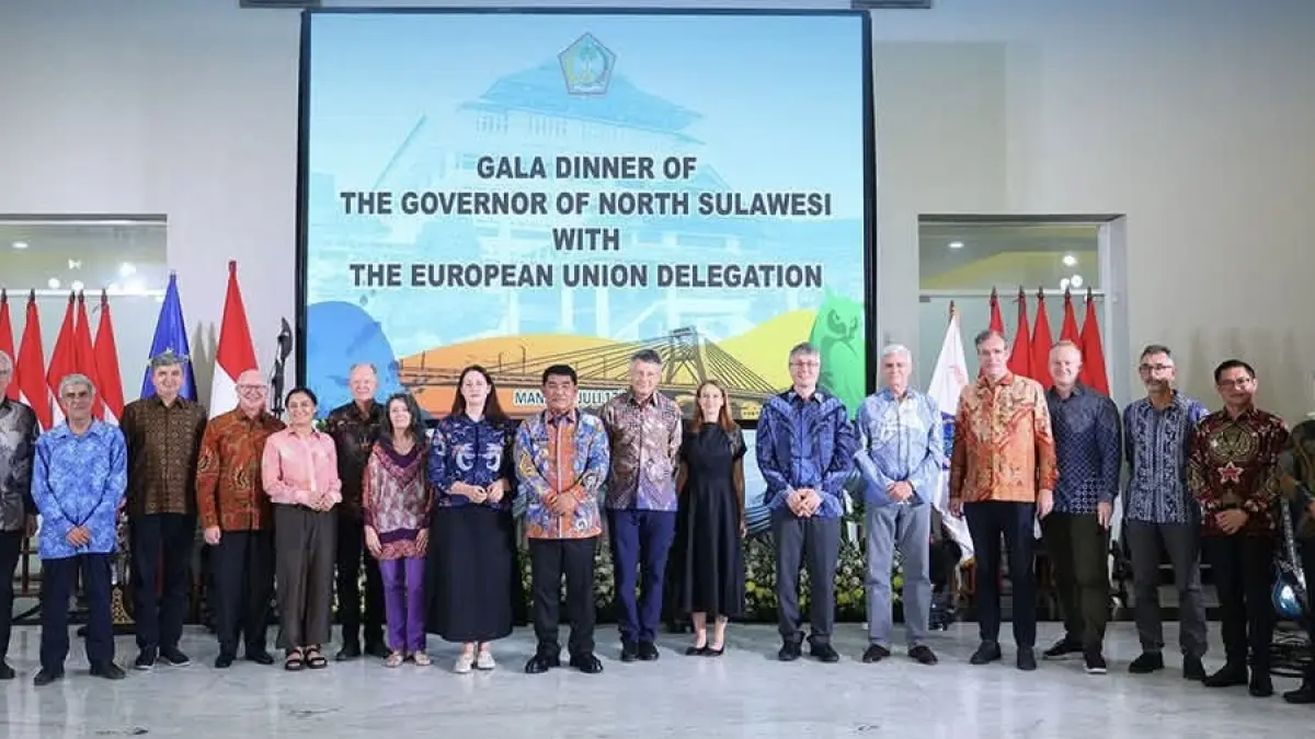 Gubernur Yulius Selvanus menyambut Delegasi Uni Eropa di Wisma Negara Bumi Beringin, Manado, Jumat (17/7/2026) malam.
