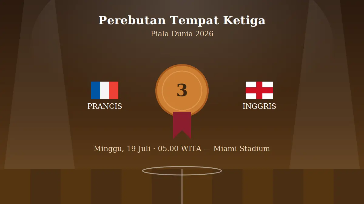 Prancis vs Inggris perebutkan tempat ketiga Piala Dunia 2026 di Miami Stadium, jadi laga terakhir Deschamps dan ajang perebutan status top skor Mbappe-Messi.