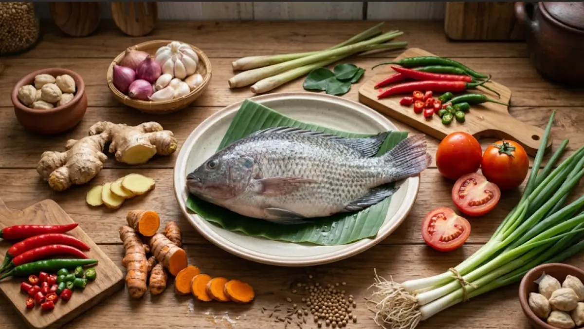 Ilustrasi bahan-bahan utama untuk membuat Ikan Bumbu Kuning, terdiri dari ikan nila, kunyit, jahe, bawang merah, bawang putih, cabai, tomat, dan daun bawang. Gambar ini hanya sebagai ilustrasi dan tidak merepresentasikan resep secara persis.